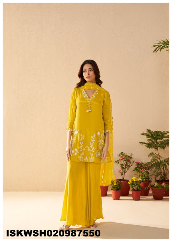Embroidered Chinon Silk Kurti With Sharara And Dupatta-ISKWSH030987550