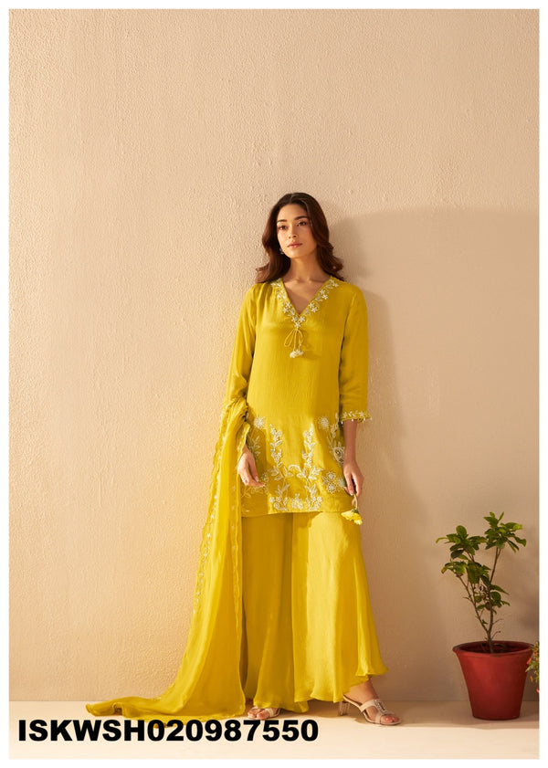 Embroidered Chinon Silk Kurti With Sharara And Dupatta-ISKWSH030987550