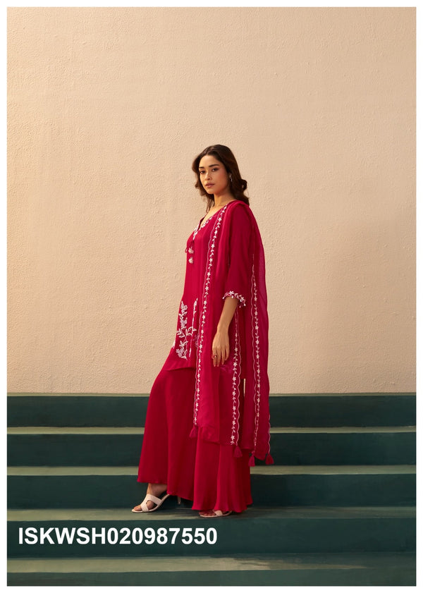 Embroidered Chinon Silk Kurti With Sharara And Dupatta-ISKWSH030987550