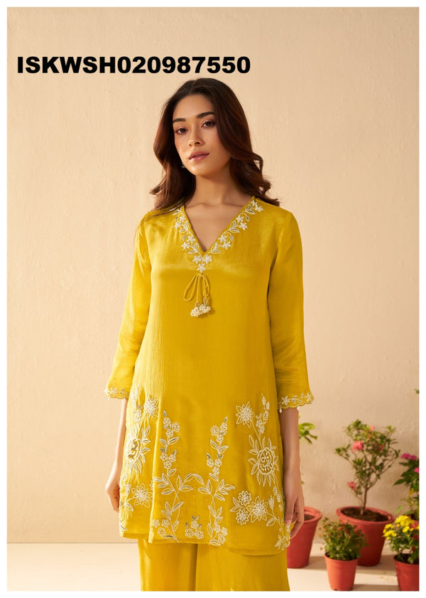 Embroidered Chinon Silk Kurti With Sharara And Dupatta-ISKWSH030987550