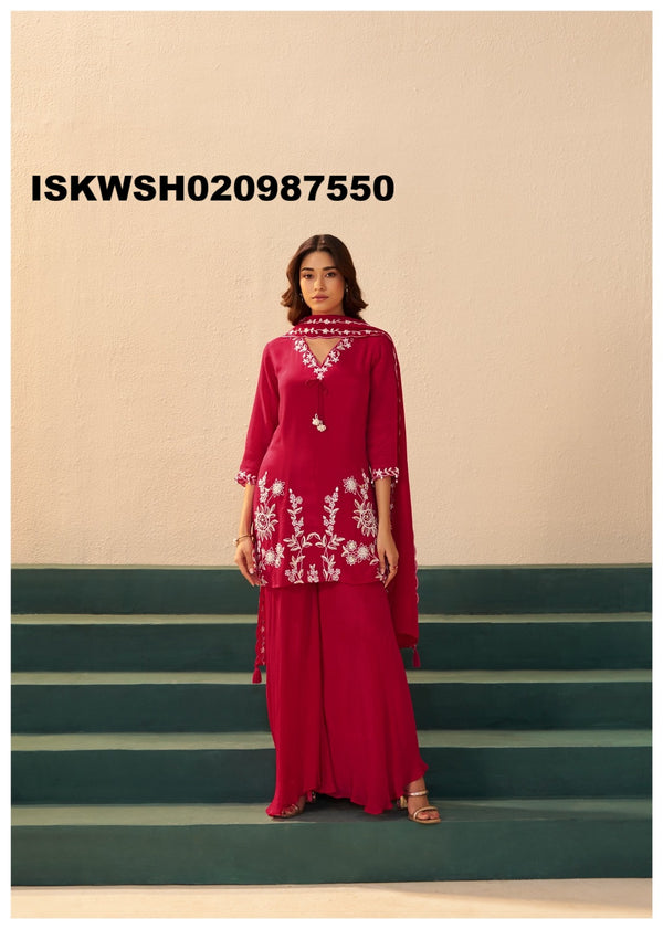 Embroidered Chinon Silk Kurti With Sharara And Dupatta-ISKWSH030987550