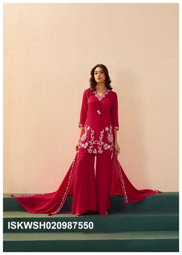 Embroidered Chinon Silk Kurti With Sharara And Dupatta-ISKWSH030987550