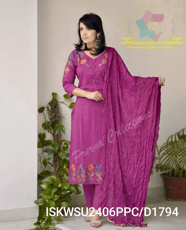 Embroidered Cotton Kurti With Pant And Crushed Malmal Cotton Dupatta-ISKWSU2406PPC/D1794