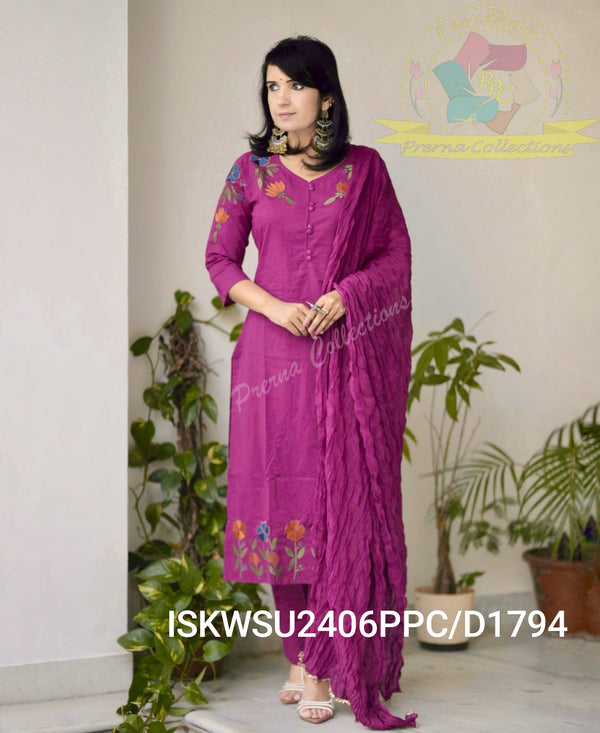 Embroidered Cotton Kurti With Pant And Crushed Malmal Cotton Dupatta-ISKWSU2406PPC/D1794