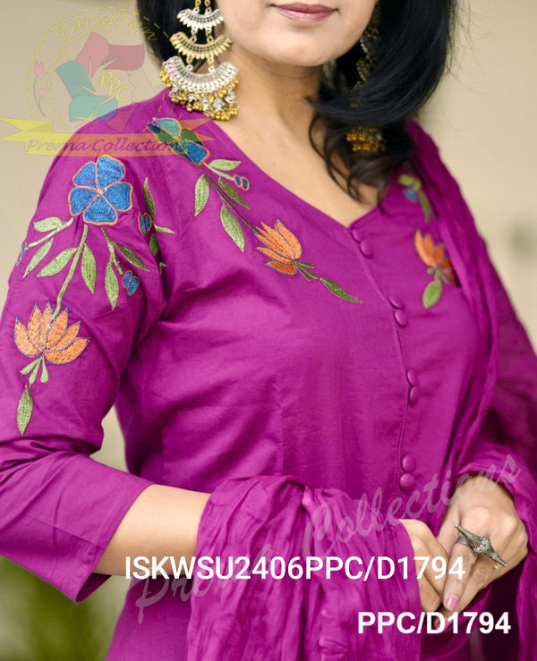 Embroidered Cotton Kurti With Pant And Crushed Malmal Cotton Dupatta-ISKWSU2406PPC/D1794
