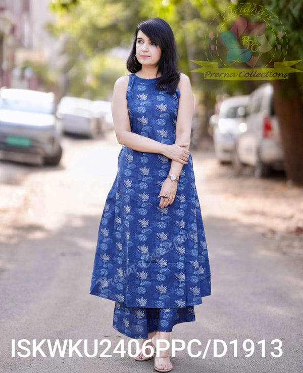 Kalamkari Printed Cotton A-Line Kurti With Palazzo-ISKWKU2406PPC/D1913