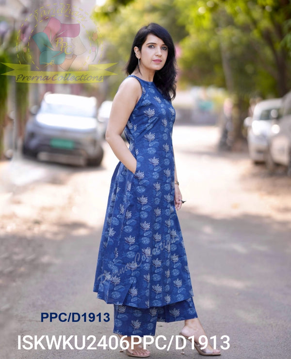 Kalamkari Printed Cotton A-Line Kurti With Palazzo-ISKWKU2406PPC/D1913