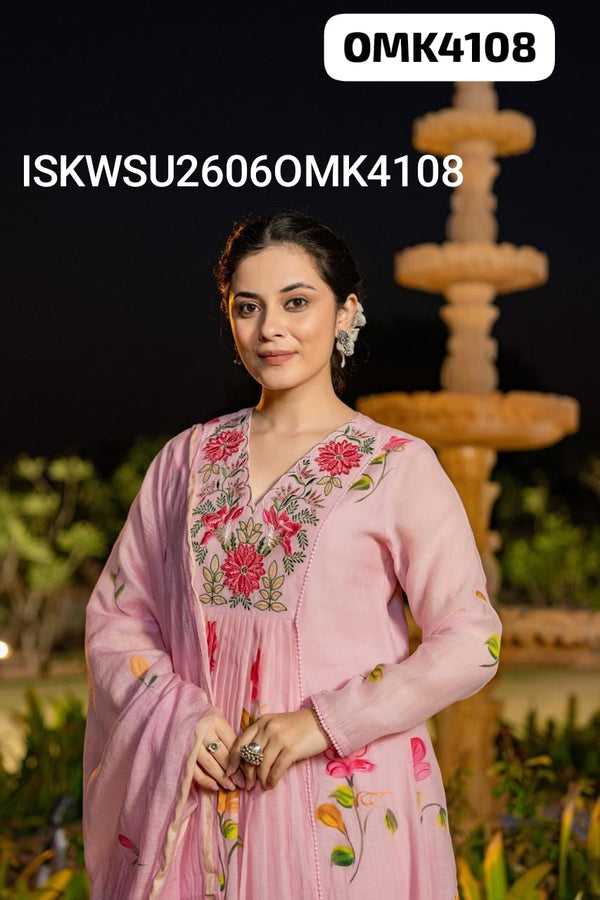 Hand Printed Malmal Chanderi Kurti With Shantoon Pant And Embroidered Dupatta-ISKWSU2606OMK4108