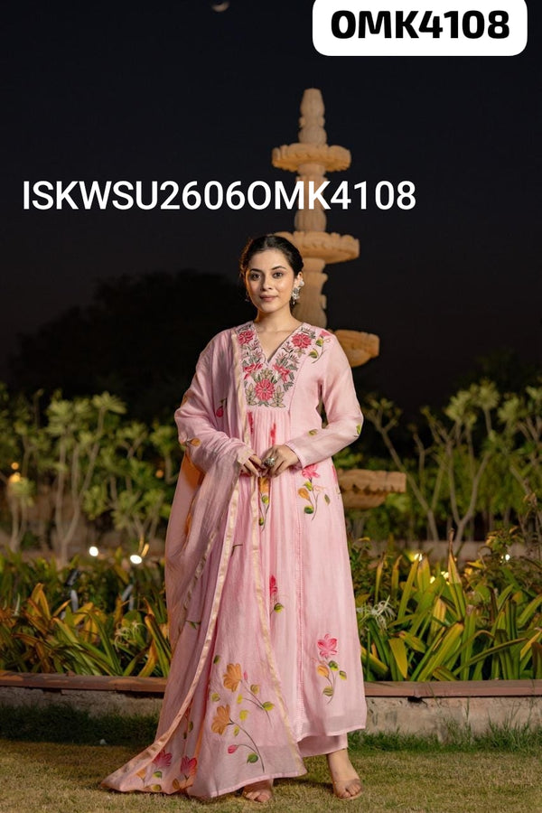 Hand Printed Malmal Chanderi Kurti With Shantoon Pant And Embroidered Dupatta-ISKWSU2606OMK4108