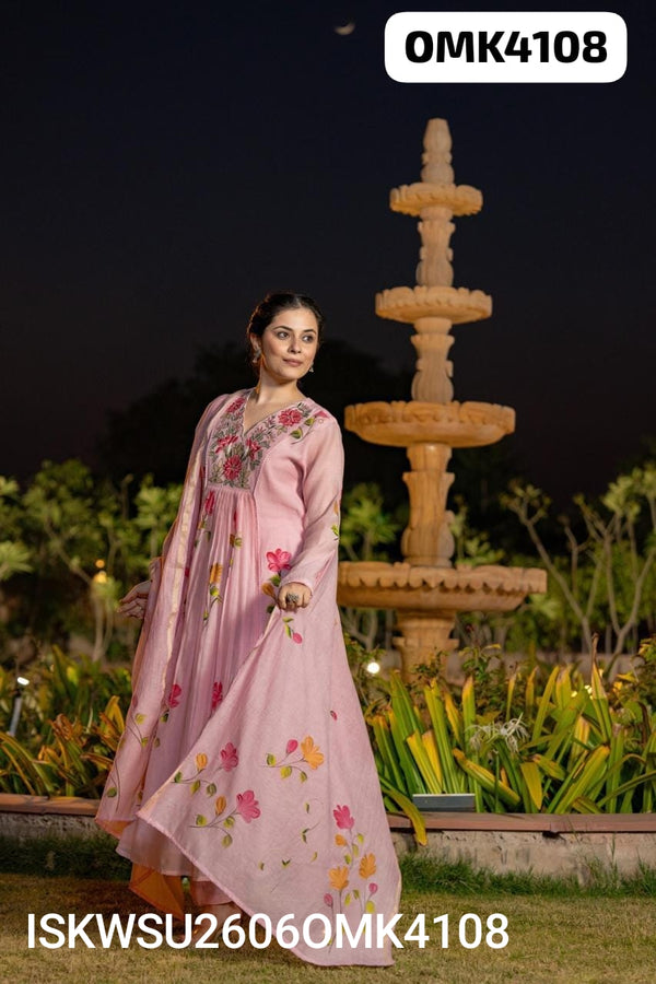 Hand Printed Malmal Chanderi Kurti With Shantoon Pant And Embroidered Dupatta-ISKWSU2606OMK4108