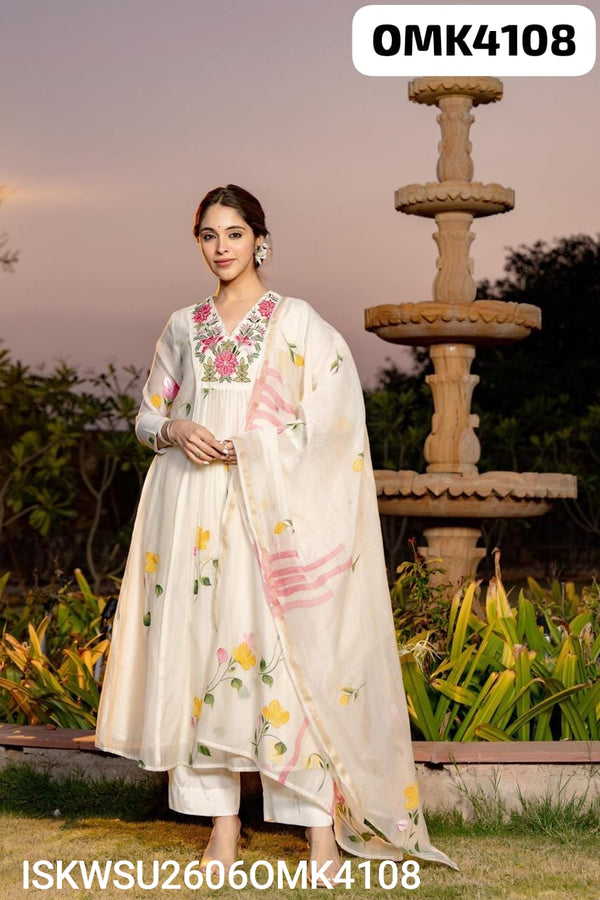 Hand Printed Malmal Chanderi Kurti With Shantoon Pant And Embroidered Dupatta-ISKWSU2606OMK4108