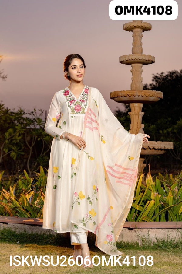 Hand Printed Malmal Chanderi Kurti With Shantoon Pant And Embroidered Dupatta-ISKWSU2606OMK4108