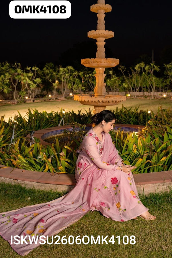 Hand Printed Malmal Chanderi Kurti With Shantoon Pant And Embroidered Dupatta-ISKWSU2606OMK4108