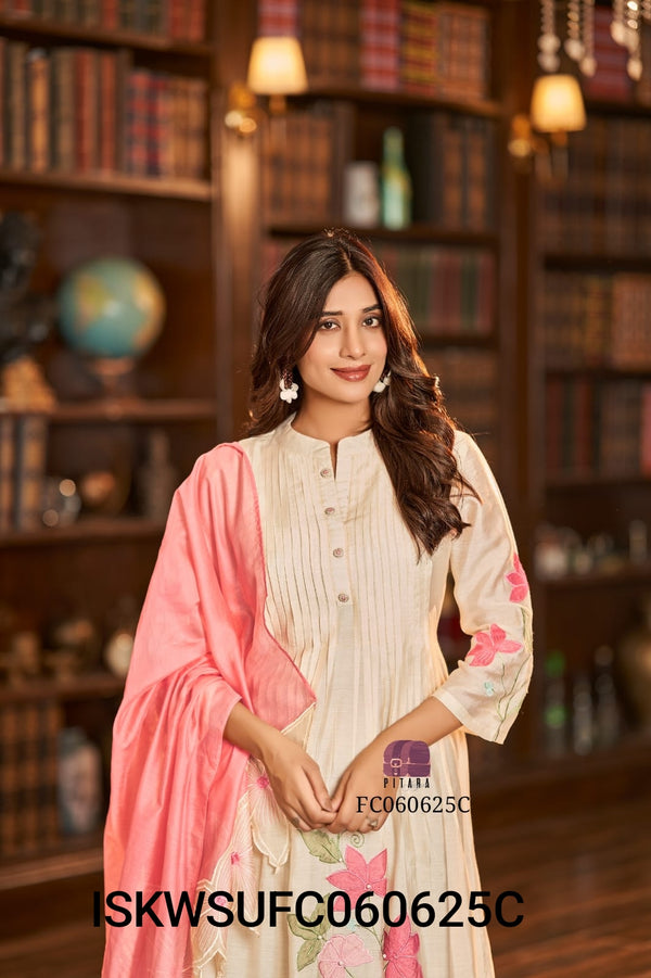 Embroidered Malmal Chanderi Pleated Kurti With Silk Pant And Dupatta-ISKWSUFC060625C