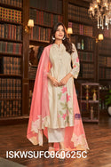 Embroidered Malmal Chanderi Pleated Kurti With Silk Pant And Dupatta-ISKWSUFC060625C