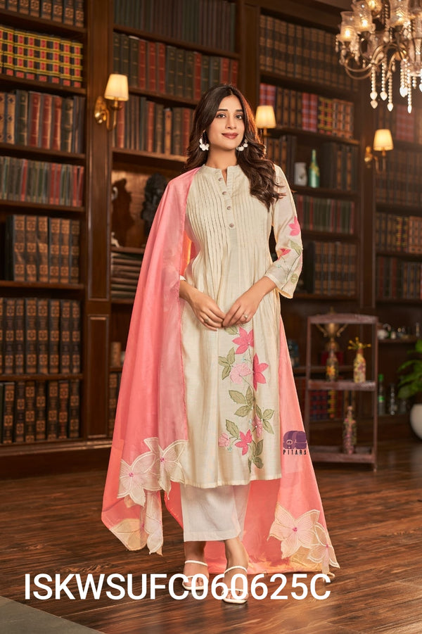 Embroidered Malmal Chanderi Pleated Kurti With Silk Pant And Dupatta-ISKWSUFC060625C