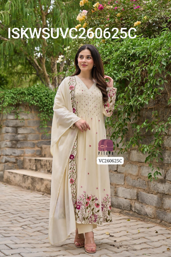 Embroidered Malmal Cotton A-Line Kurti With Cotton Pant And Dupatta-ISKWSUVC260625C/VC260625P