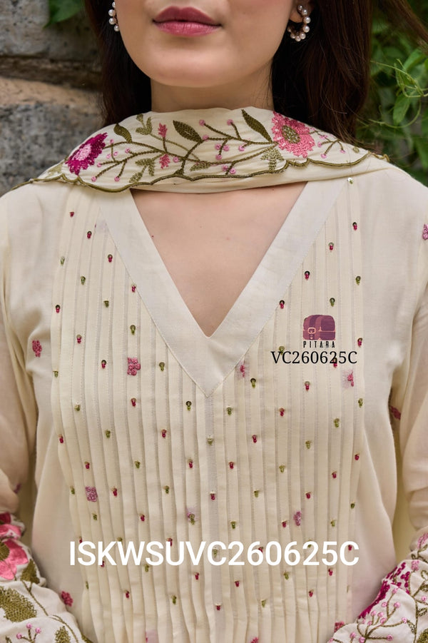 Embroidered Malmal Cotton A-Line Kurti With Cotton Pant And Dupatta-ISKWSUVC260625C/VC260625P