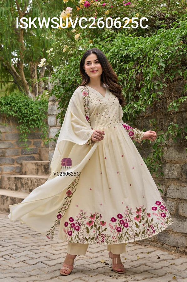 Embroidered Malmal Cotton A-Line Kurti With Cotton Pant And Dupatta-ISKWSUVC260625C/VC260625P