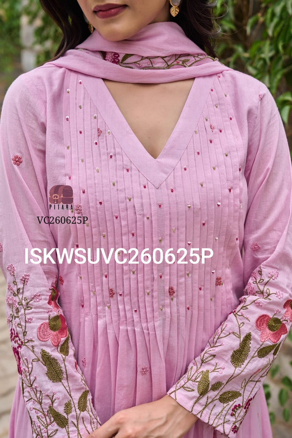 Embroidered Malmal Cotton A-Line Kurti With Cotton Pant And Dupatta-ISKWSUVC260625C/VC260625P