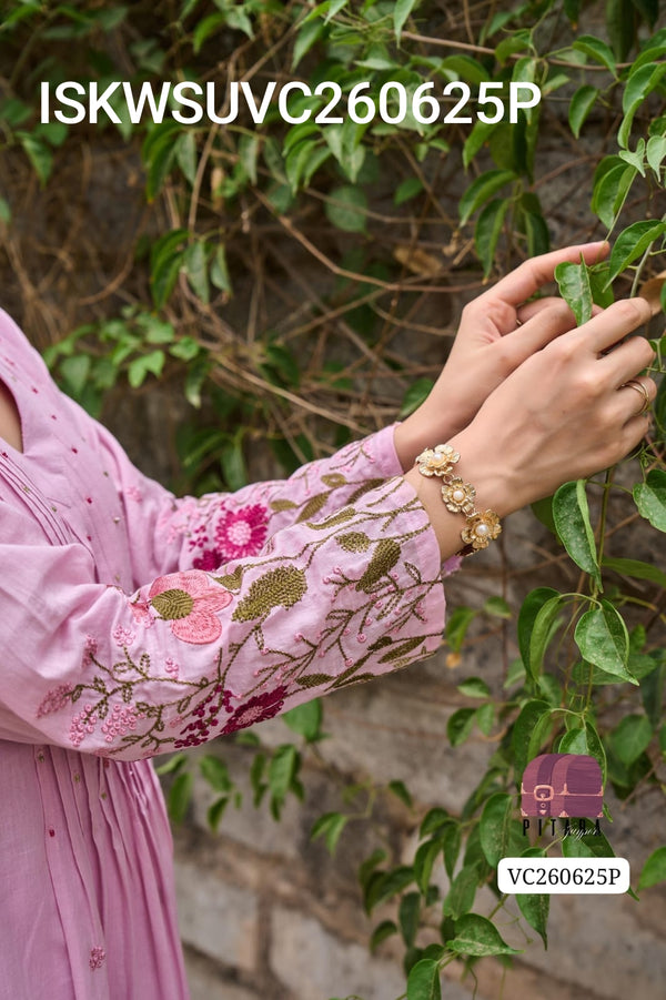 Embroidered Malmal Cotton A-Line Kurti With Cotton Pant And Dupatta-ISKWSUVC260625C/VC260625P