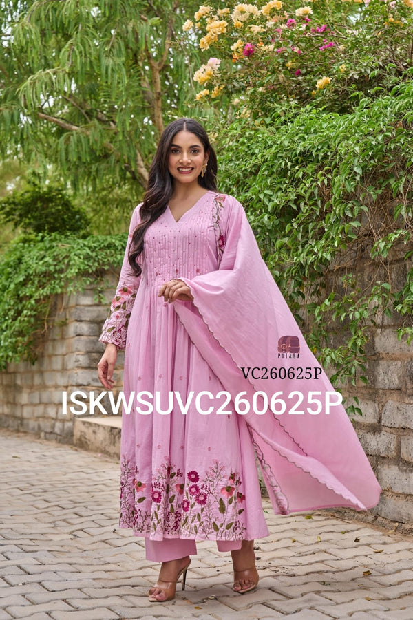 Embroidered Malmal Cotton A-Line Kurti With Cotton Pant And Dupatta-ISKWSUVC260625C/VC260625P