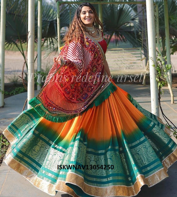 Digital Printed Zari Gota Silk Lehenga With Blouse And Dupatta-ISKWNAV13054250