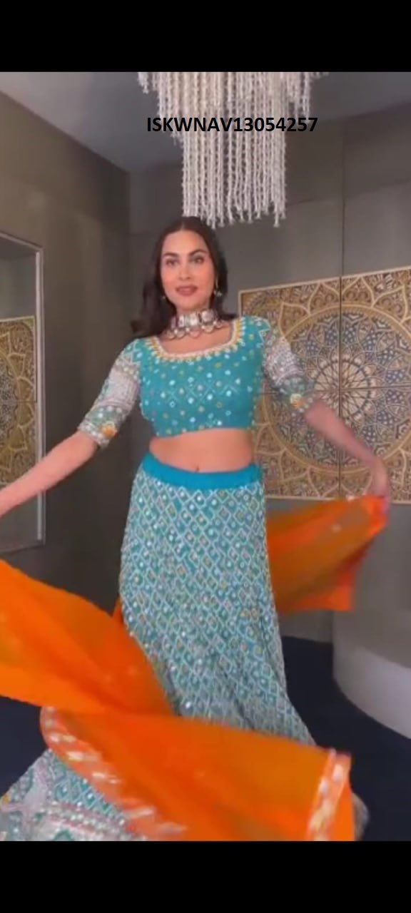 Digital Printed Zari Gota Silk Lehenga With Blouse And Dupatta-ISKWNAV13054257