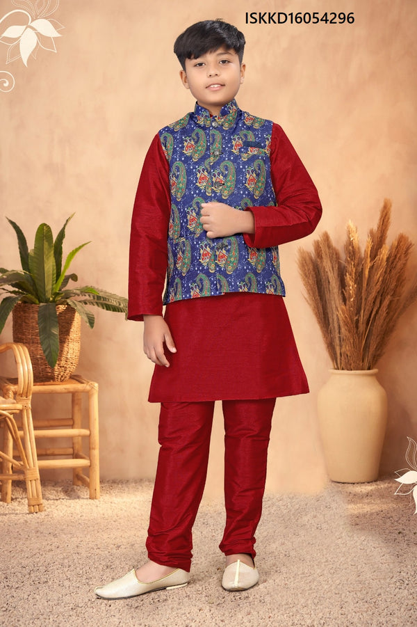 Kid's Silk Kurta Pajama With Nehru Jacket-ISKKD16054296