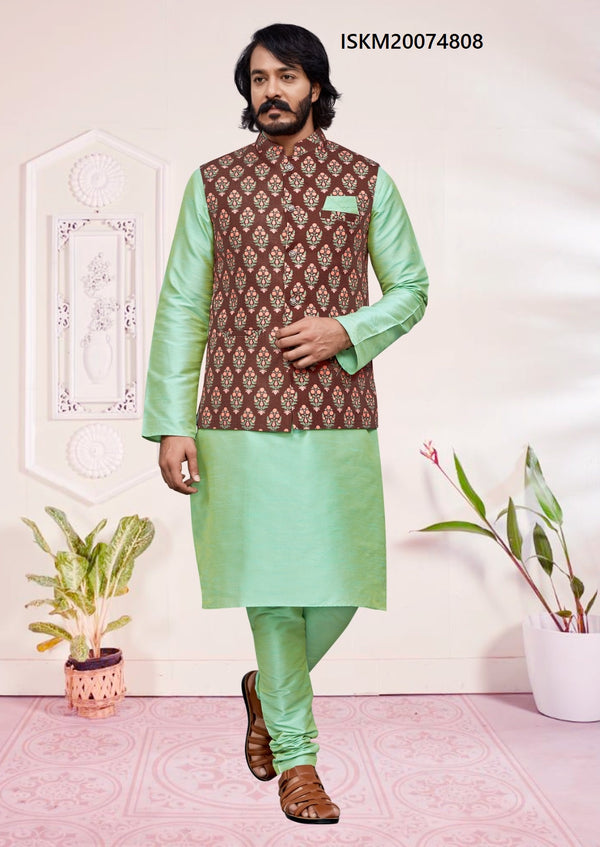 Men's Art Silk Kurta Pajama With Printed Jute Nehru Jacket-ISKM20074808