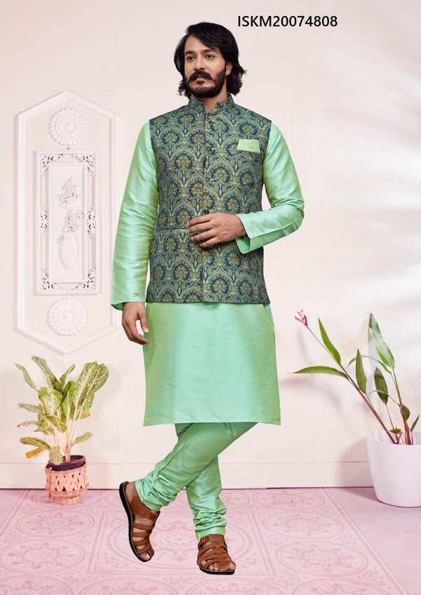 Men's Art Silk Kurta Pajama With Printed Jute Nehru Jacket-ISKM20074808