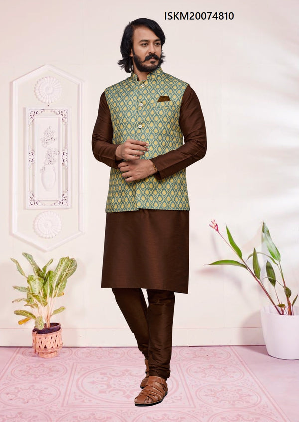 Men's Art Silk Kurta Pajama With Printed Jute Nehru Jacket-ISKM20074810