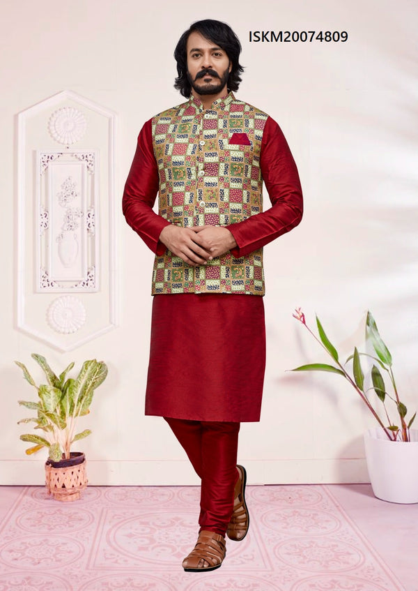 Men's Art Silk Kurta Pajama With Printed Jute Nehru Jacket-ISKM20074809