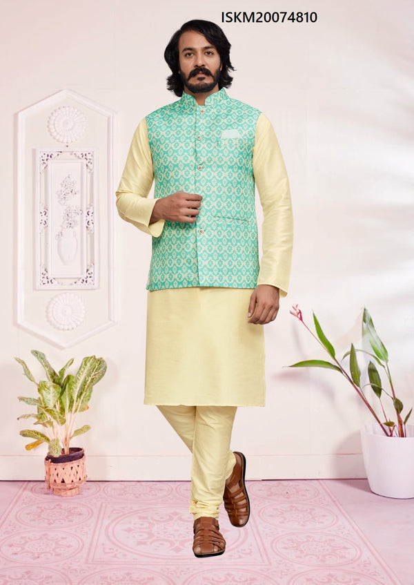 Men's Art Silk Kurta Pajama With Printed Jute Nehru Jacket-ISKM20074810