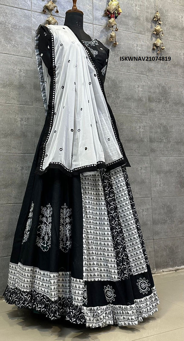 Black And White Cotton Lehenga With Blouse And Chiffon Dupatta-ISKWNAV21074819