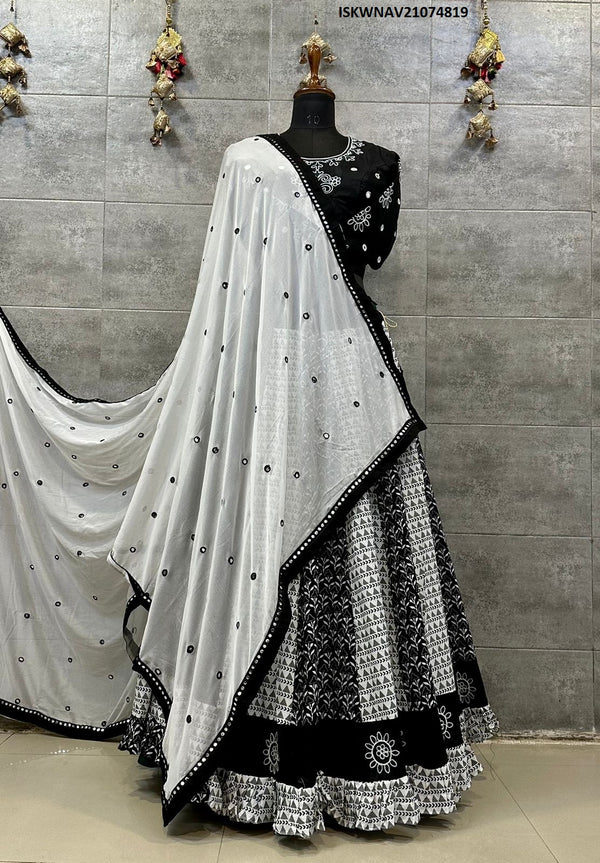 Black And White Cotton Lehenga With Blouse And Chiffon Dupatta-ISKWNAV21074819