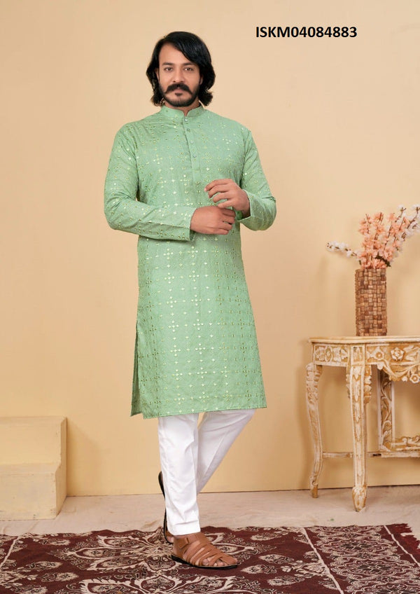 Men's Embroidered Cotton Kurta With Pant-ISKM04084883
