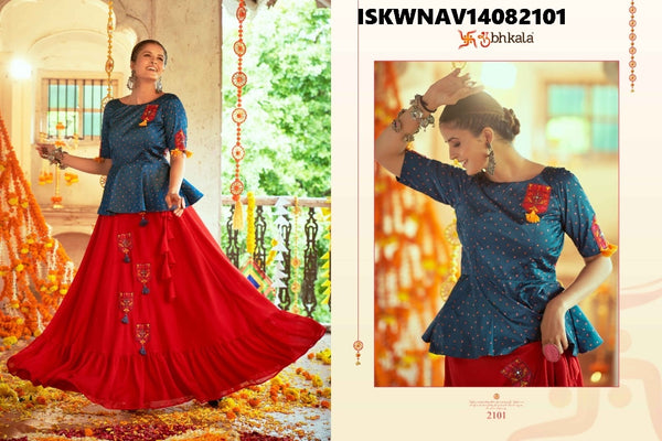Embroidered Art Silk Skirt With Printed Gaji Silk Top-ISKWNAV14082101/2102/2105/2107