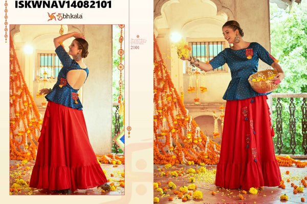 Embroidered Art Silk Skirt With Printed Gaji Silk Top-ISKWNAV14082101/2102/2105/2107
