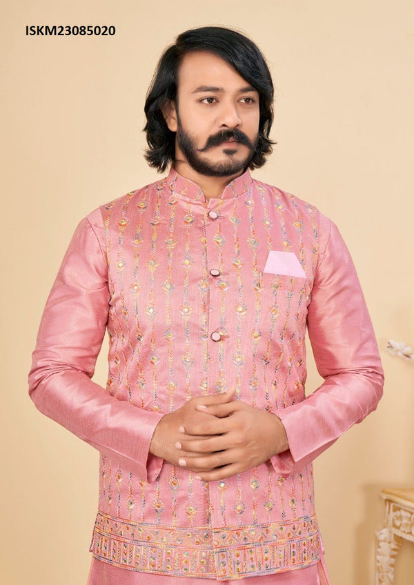 Men's Silk Kurta With Pant And Embroidered Nehru Jacket-ISKM23085020