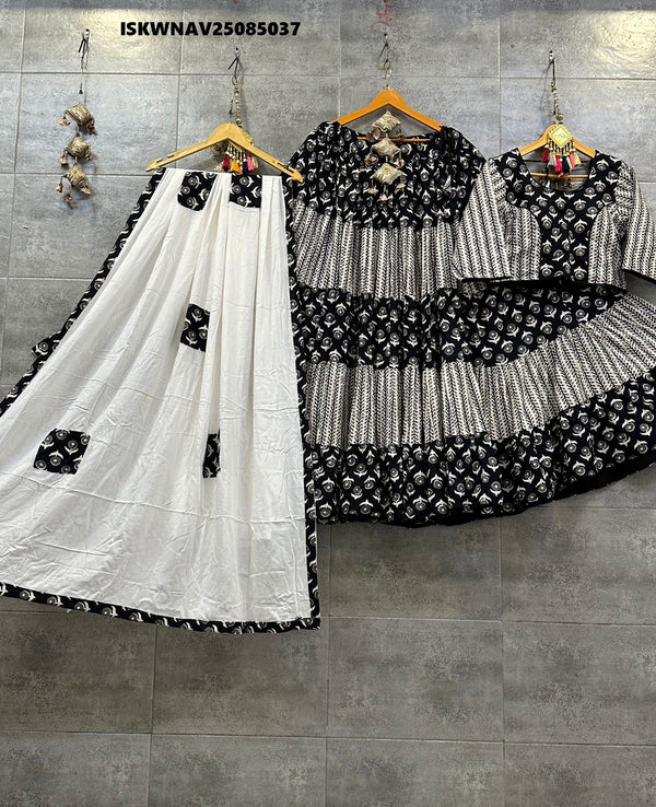 Printed Demin Cambric Cotton Lehenga With Blouse And Rayon Cotton Dupatta-ISKWNAV25085037