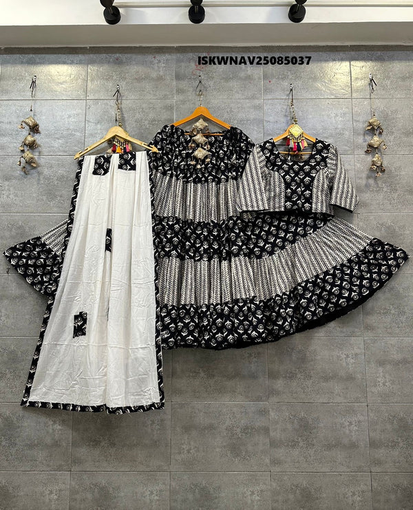 Printed Demin Cambric Cotton Lehenga With Blouse And Rayon Cotton Dupatta-ISKWNAV25085037