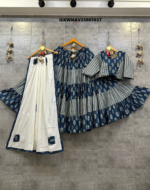 Printed Demin Cambric Cotton Lehenga With Blouse And Rayon Cotton Dupatta-ISKWNAV25085037