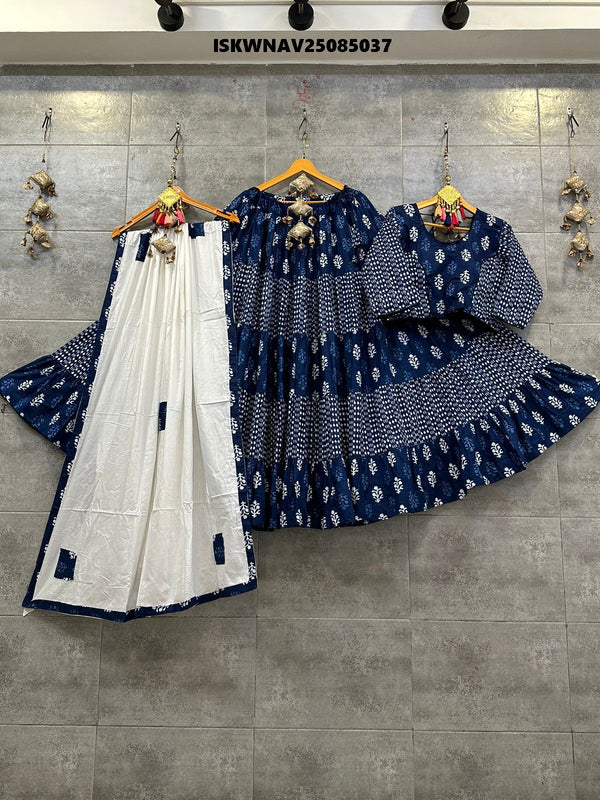 Printed Demin Cambric Cotton Lehenga With Blouse And Rayon Cotton Dupatta-ISKWNAV25085037