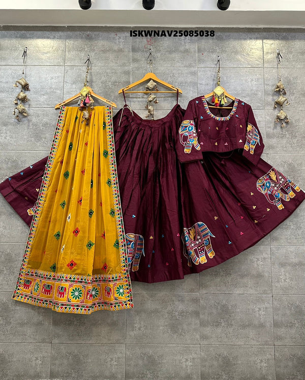 Embroidered Cotton Lehenga With Blouse And Chinon Dupatta-ISKWNAV25085038