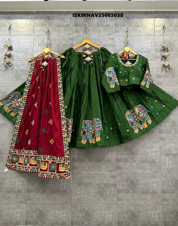 Embroidered Cotton Lehenga With Blouse And Chinon Dupatta-ISKWNAV25085038