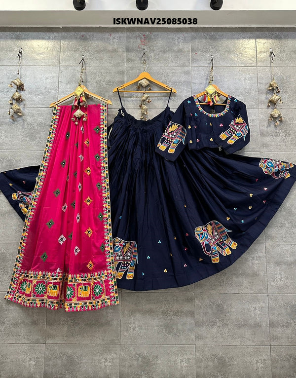 Embroidered Cotton Lehenga With Blouse And Chinon Dupatta-ISKWNAV25085038