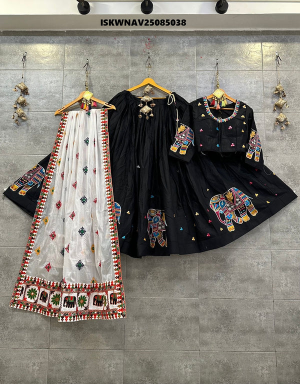 Embroidered Cotton Lehenga With Blouse And Chinon Dupatta-ISKWNAV25085038