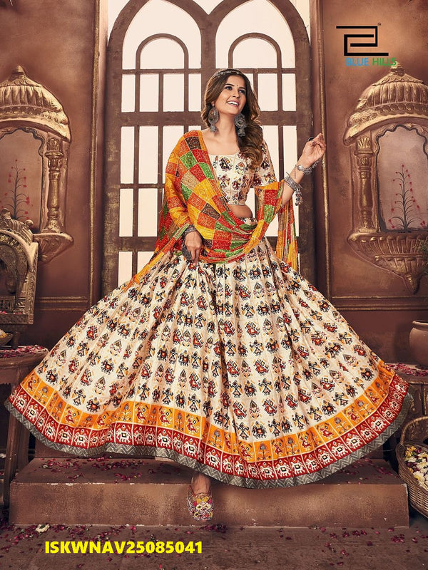 Printed Cotton Satin Lehenga With Padded Blouse And Maslin Dupatta-ISKWNAV25085041