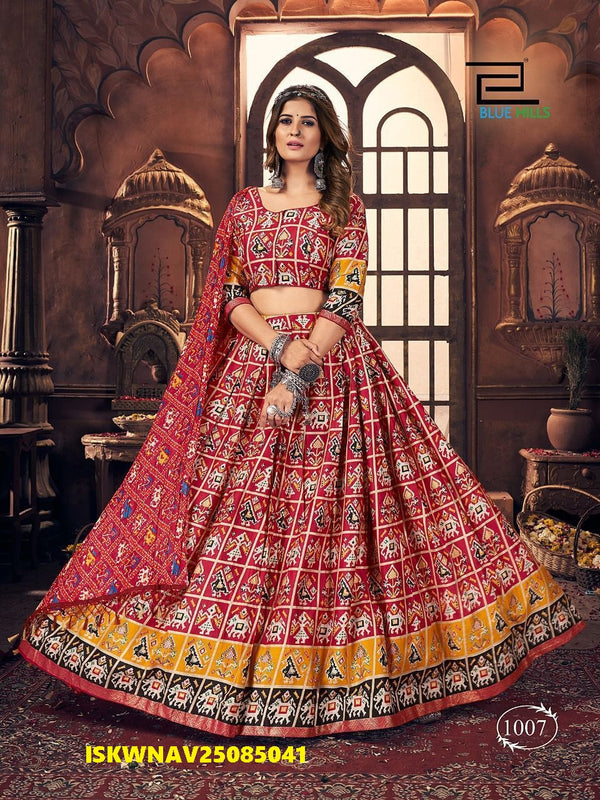 Printed Cotton Satin Lehenga With Padded Blouse And Maslin Dupatta-ISKWNAV25085041